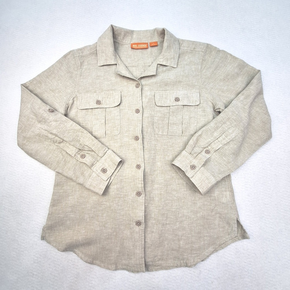 Reel Legends Shirt Womens Medium Khaki Tan Linen Cotton Roll Tab Utility Safari